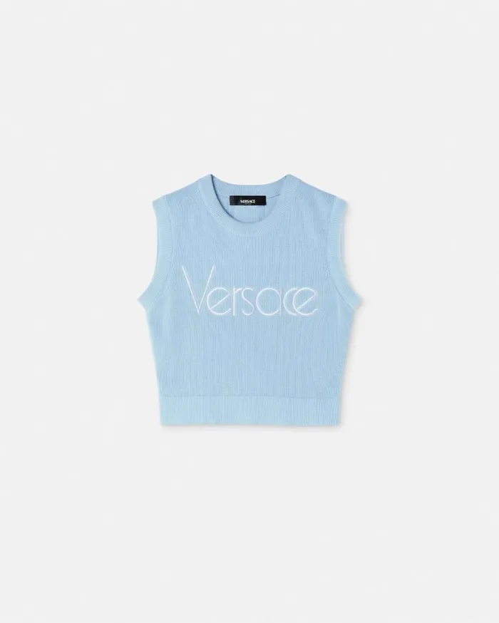 Versace Knitwear 1978 ReEdition Logo Knit Vest Light Blue 8211 Women