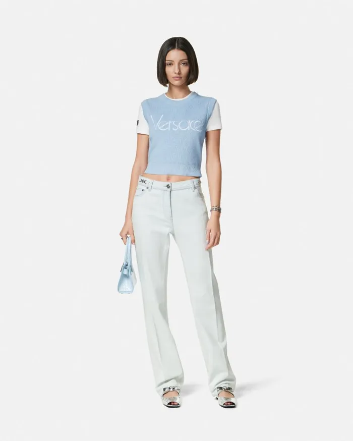 Versace Knitwear 1978 ReEdition Logo Knit Vest Light Blue 8211 Women Versace Knitwear 1978 ReEdition Logo Knit Vest Light Blue 8211 Women