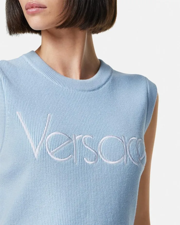 Versace Knitwear 1978 ReEdition Logo Knit Vest Light Blue 8211 Women Versace Knitwear 1978 ReEdition Logo Knit Vest Light Blue 8211 Women