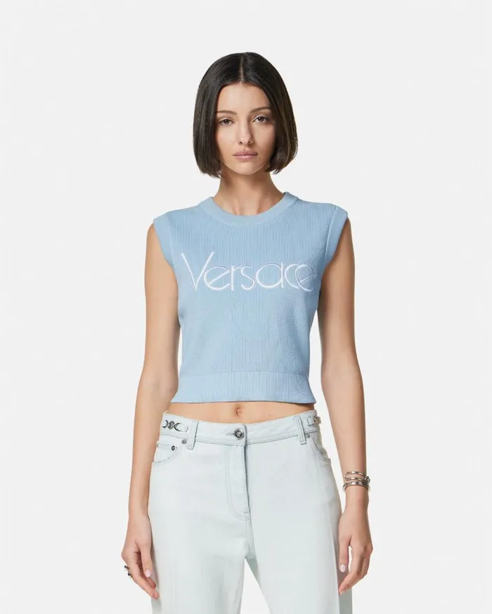 Versace Knitwear 1978 ReEdition Logo Knit Vest Light Blue 8211 Women Versace Knitwear 1978 ReEdition Logo Knit Vest Light Blue 8211 Women