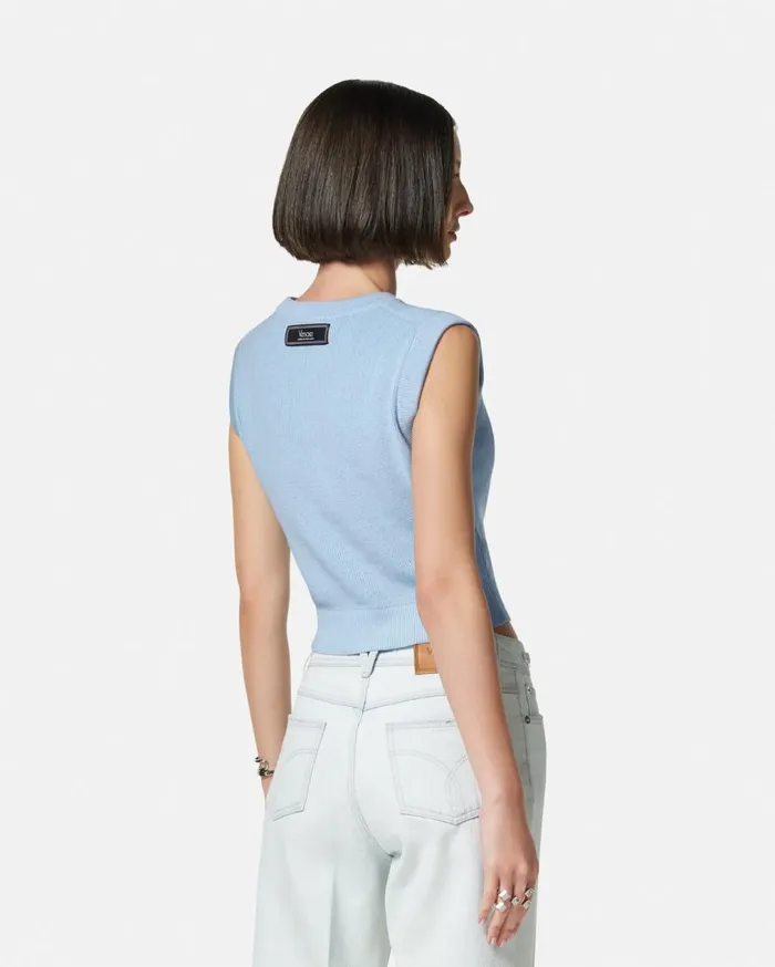 Versace Knitwear 1978 ReEdition Logo Knit Vest Light Blue 8211 Women Versace Knitwear 1978 ReEdition Logo Knit Vest Light Blue 8211 Women