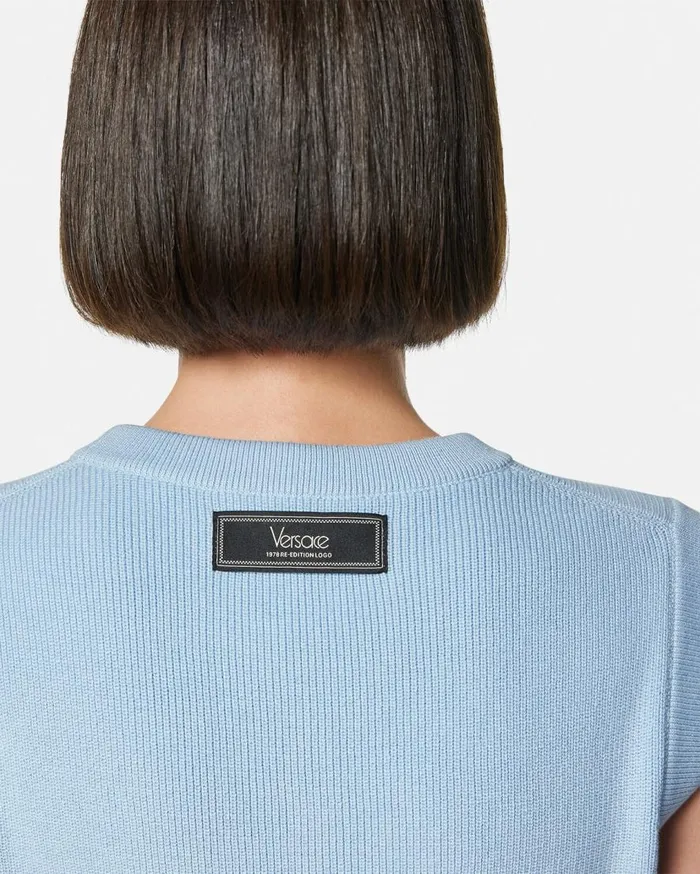 Versace Knitwear 1978 ReEdition Logo Knit Vest Light Blue 8211 Women Versace Knitwear 1978 ReEdition Logo Knit Vest Light Blue 8211 Women