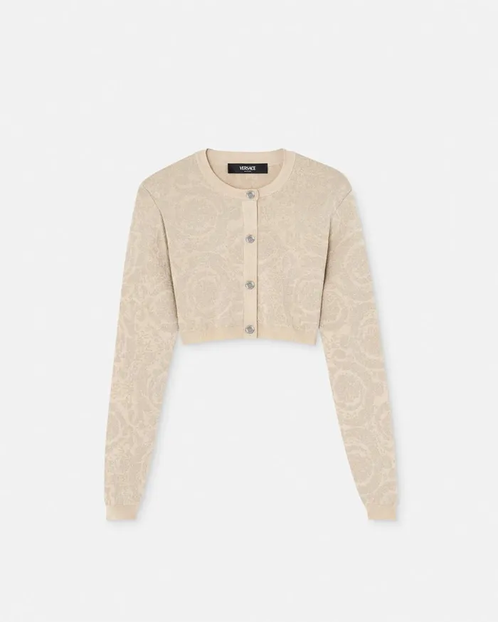 Versace Knitwear Barocco Lurex Crop Knit Cardigan Beige 8211 Women