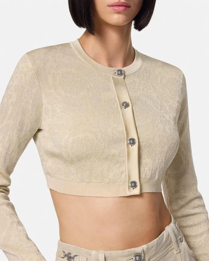 Versace Knitwear Barocco Lurex Crop Knit Cardigan Beige 8211 Women Versace Knitwear Barocco Lurex Crop Knit Cardigan Beige 8211 Women