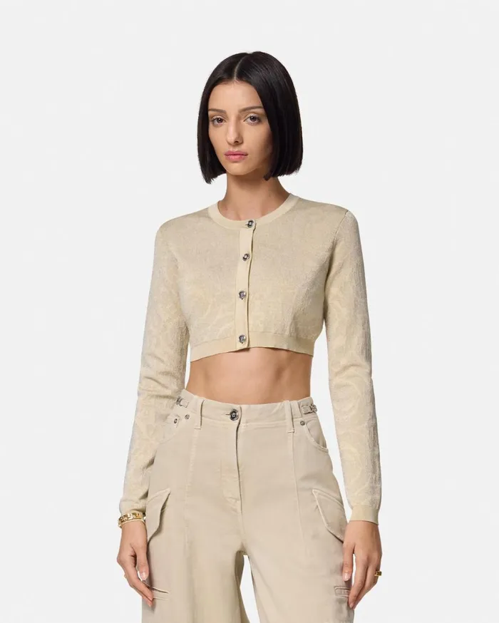 Versace Knitwear Barocco Lurex Crop Knit Cardigan Beige 8211 Women Versace Knitwear Barocco Lurex Crop Knit Cardigan Beige 8211 Women