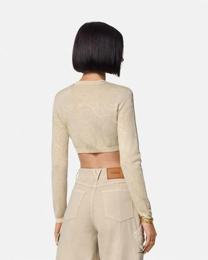 Versace Knitwear Barocco Lurex Crop Knit Cardigan Beige 8211 Women Versace Knitwear Barocco Lurex Crop Knit Cardigan Beige 8211 Women