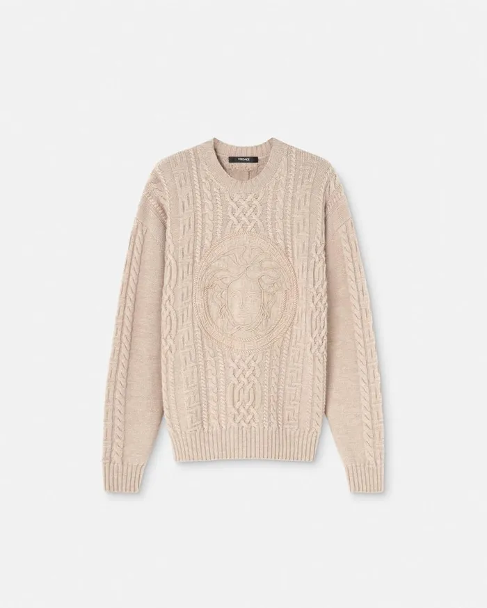 Versace Knitwear Medusa CableKnit Sweater Beige 8211 Men
