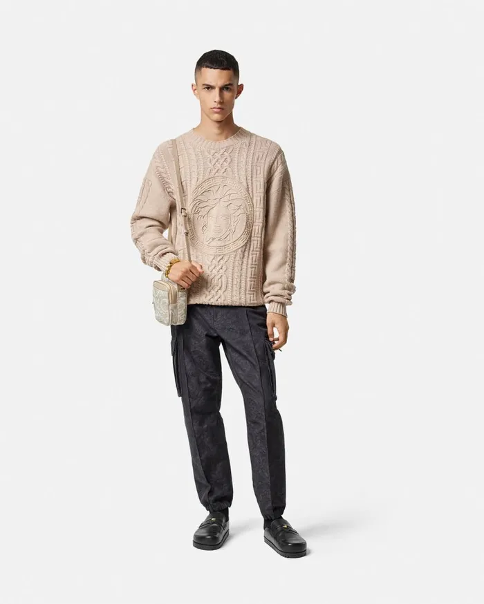 Versace Knitwear Medusa CableKnit Sweater Beige 8211 Men Versace Knitwear Medusa CableKnit Sweater Beige 8211 Men