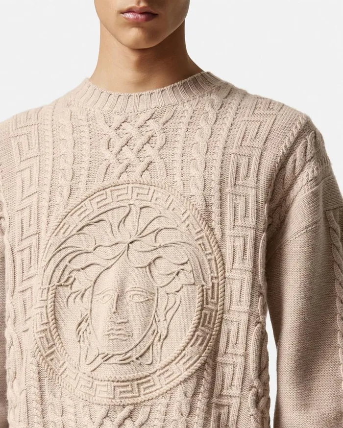 Versace Knitwear Medusa CableKnit Sweater Beige 8211 Men Versace Knitwear Medusa CableKnit Sweater Beige 8211 Men