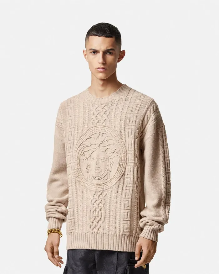 Versace Knitwear Medusa CableKnit Sweater Beige 8211 Men Versace Knitwear Medusa CableKnit Sweater Beige 8211 Men