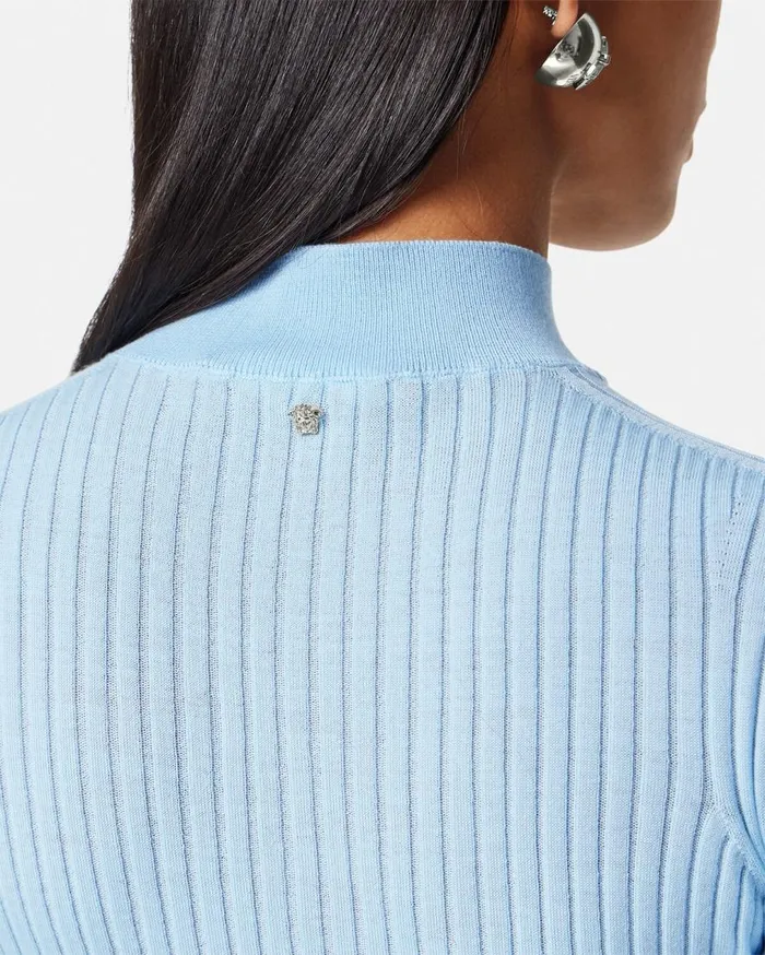 Versace Knitwear Ribbed Knit TShirt Light Blue 8211 Women Versace Knitwear Ribbed Knit TShirt Light Blue 8211 Women