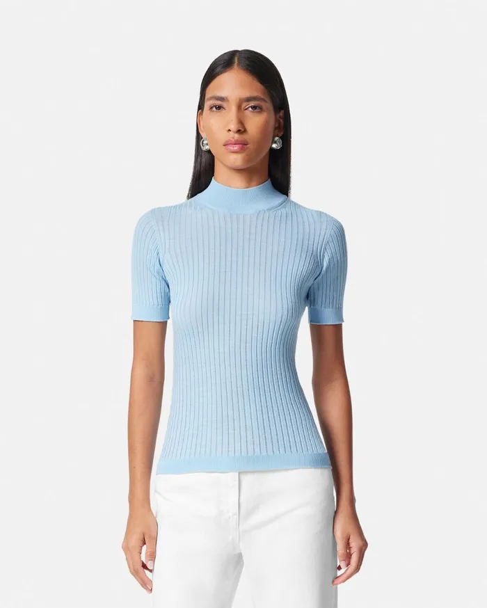 Versace Knitwear Ribbed Knit TShirt Light Blue 8211 Women Versace Knitwear Ribbed Knit TShirt Light Blue 8211 Women