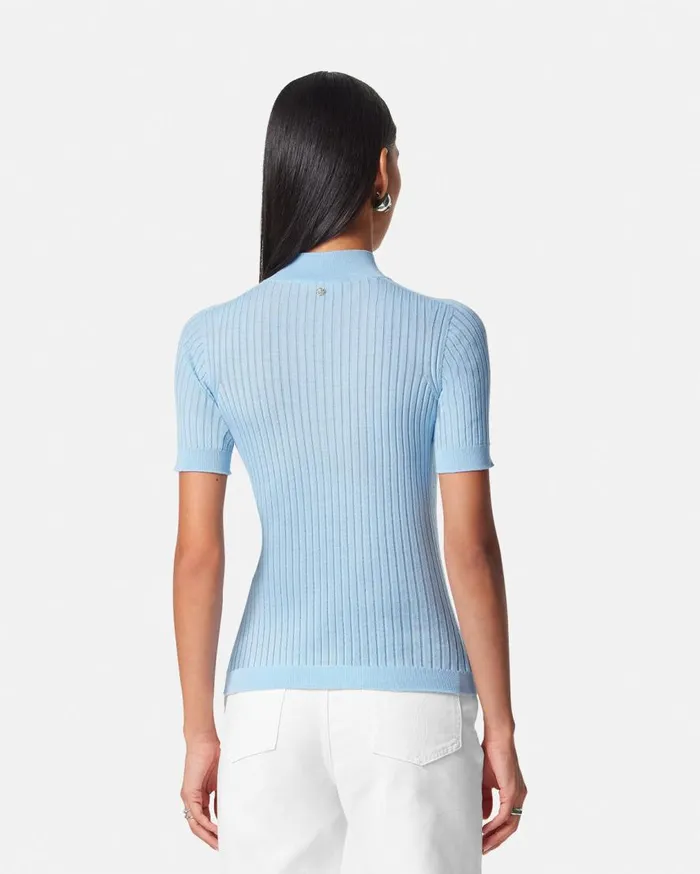 Versace Knitwear Ribbed Knit TShirt Light Blue 8211 Women Versace Knitwear Ribbed Knit TShirt Light Blue 8211 Women