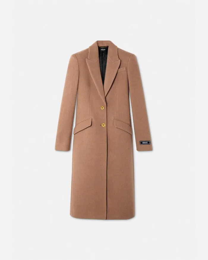 Versace Outerwear and Coats Camel Wool SingleBreasted Long Coat Beige 8211 Women