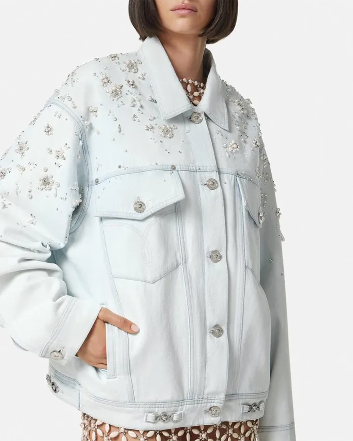 Versace Outerwear and Coats Embellished Oversize Denim Jacket Light Blue 8211 Women Versace Outerwear and Coats Embellished Oversize Denim Jacket Light Blue 8211 Women