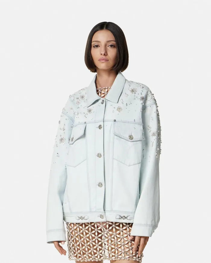 Versace Outerwear and Coats Embellished Oversize Denim Jacket Light Blue 8211 Women Versace Outerwear and Coats Embellished Oversize Denim Jacket Light Blue 8211 Women