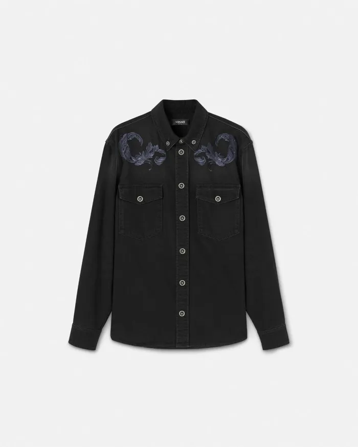 Versace Shirts Embroidered Barocco Denim Overshirt Black 8211 Men