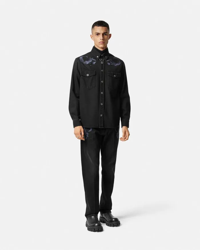Versace Shirts Embroidered Barocco Denim Overshirt Black 8211 Men Versace Shirts Embroidered Barocco Denim Overshirt Black 8211 Men
