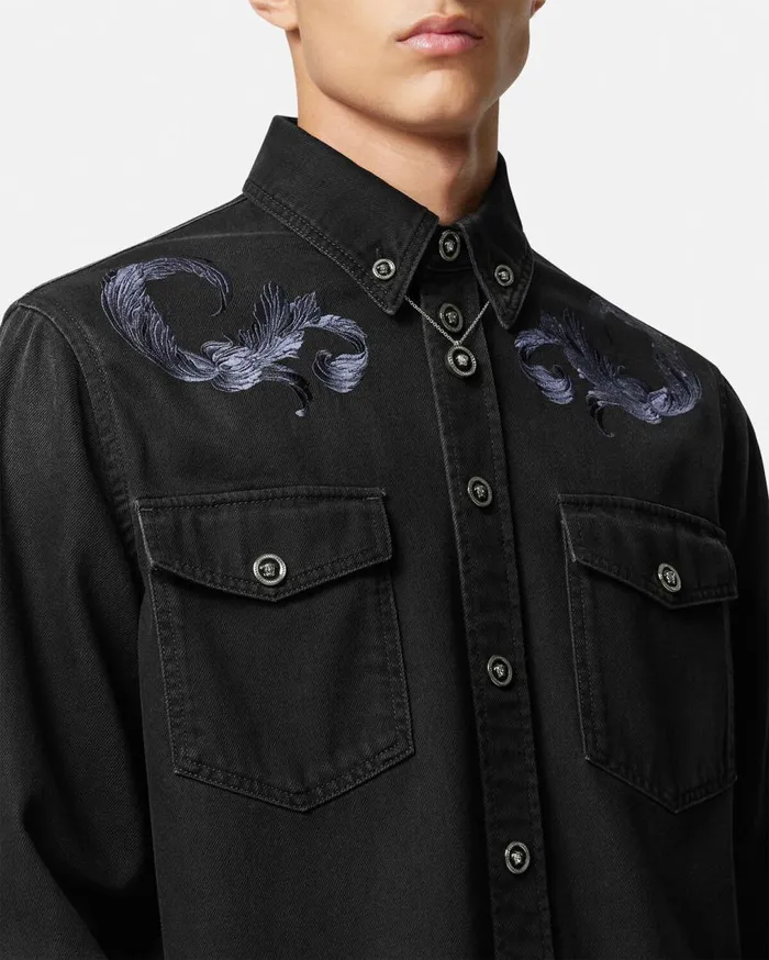 Versace Shirts Embroidered Barocco Denim Overshirt Black 8211 Men Versace Shirts Embroidered Barocco Denim Overshirt Black 8211 Men