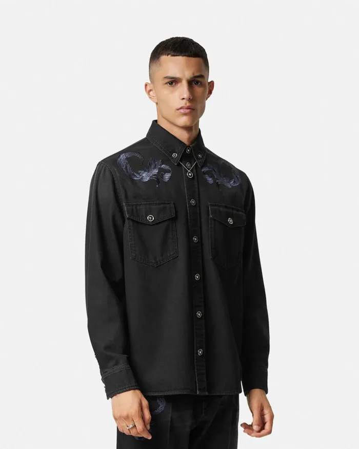 Versace Shirts Embroidered Barocco Denim Overshirt Black 8211 Men Versace Shirts Embroidered Barocco Denim Overshirt Black 8211 Men