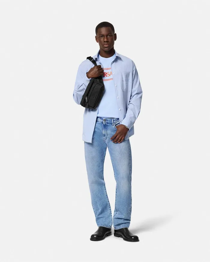 Versace TShirts and Polos Embroidered Logo TShirt Light Blue 8211 Men Versace TShirts and Polos Embroidered Logo TShirt Light Blue 8211 Men