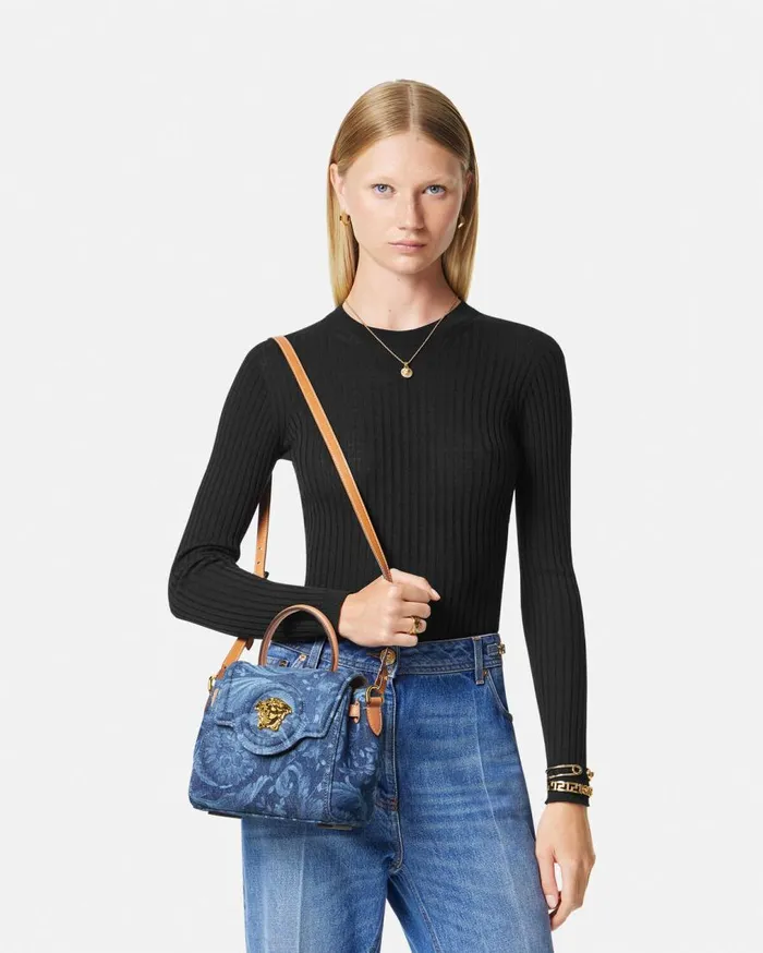 Versace Top Handle Barocco Denim La Medusa Small Handbag Blue 8211 Women Versace Top Handle Barocco Denim La Medusa Small Handbag Blue 8211 Women