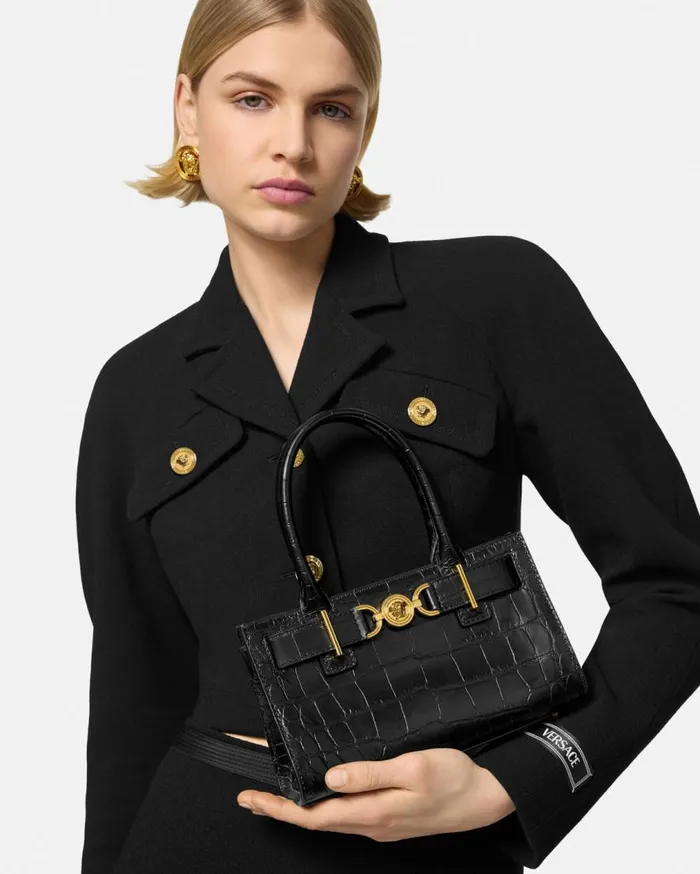 Versace Totes CrocEffect Medusa 03995 Small Tote Bag Blackgold 8211 Women Versace Totes CrocEffect Medusa 03995 Small Tote Bag Blackgold 8211 Women