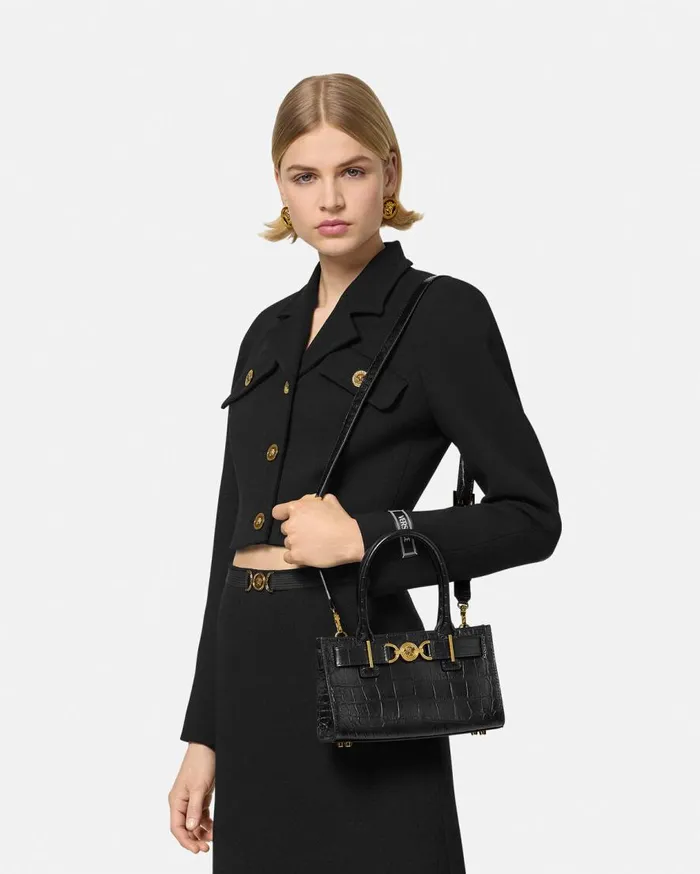 Versace Totes CrocEffect Medusa 03995 Small Tote Bag Blackgold 8211 Women Versace Totes CrocEffect Medusa 03995 Small Tote Bag Blackgold 8211 Women