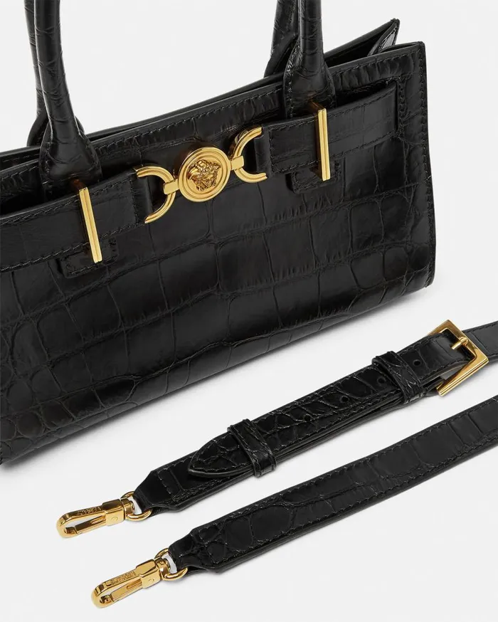 Versace Totes CrocEffect Medusa 03995 Small Tote Bag Blackgold 8211 Women Versace Totes CrocEffect Medusa 03995 Small Tote Bag Blackgold 8211 Women