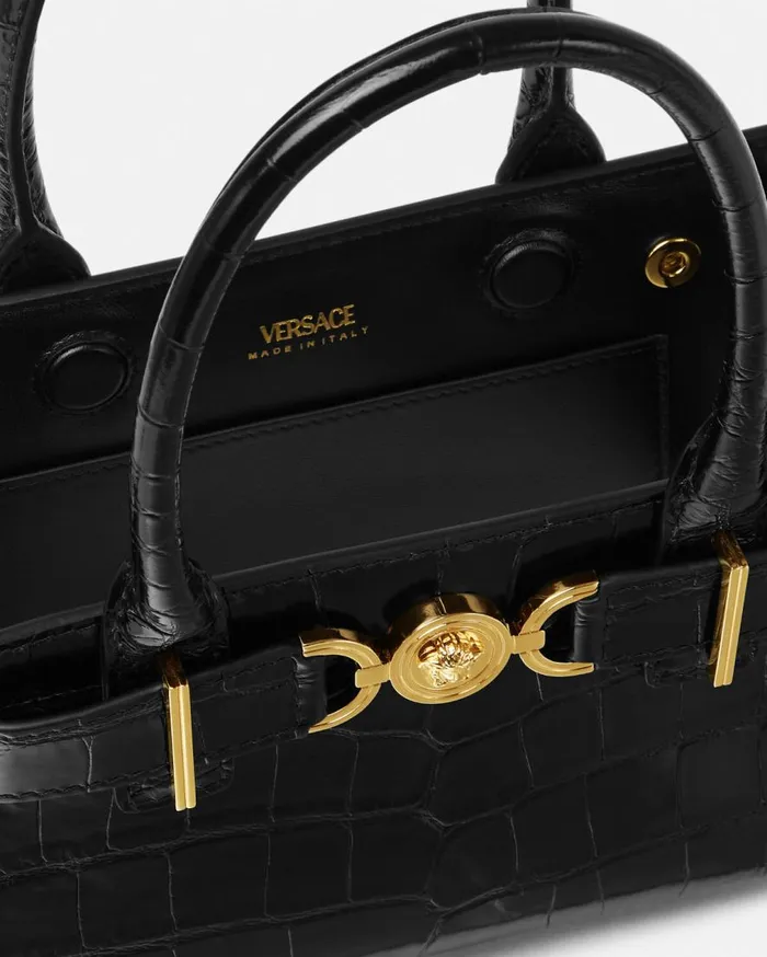 Versace Totes CrocEffect Medusa 03995 Small Tote Bag Blackgold 8211 Women Versace Totes CrocEffect Medusa 03995 Small Tote Bag Blackgold 8211 Women