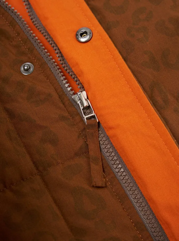 Waistcoats and Gilets Men Universal Works Universal Works Carlton Gilet In Orange Leopard Recycled Polytech