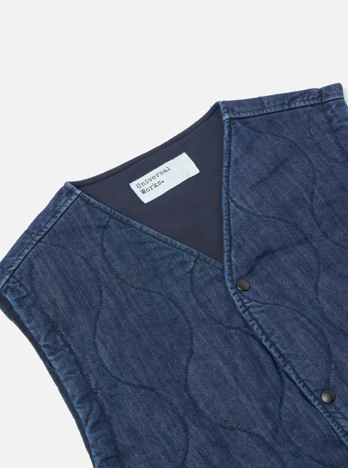 Waistcoats and Gilets Men Universal Works Universal Works Weekend Gilet In Indigo Quilt Denim