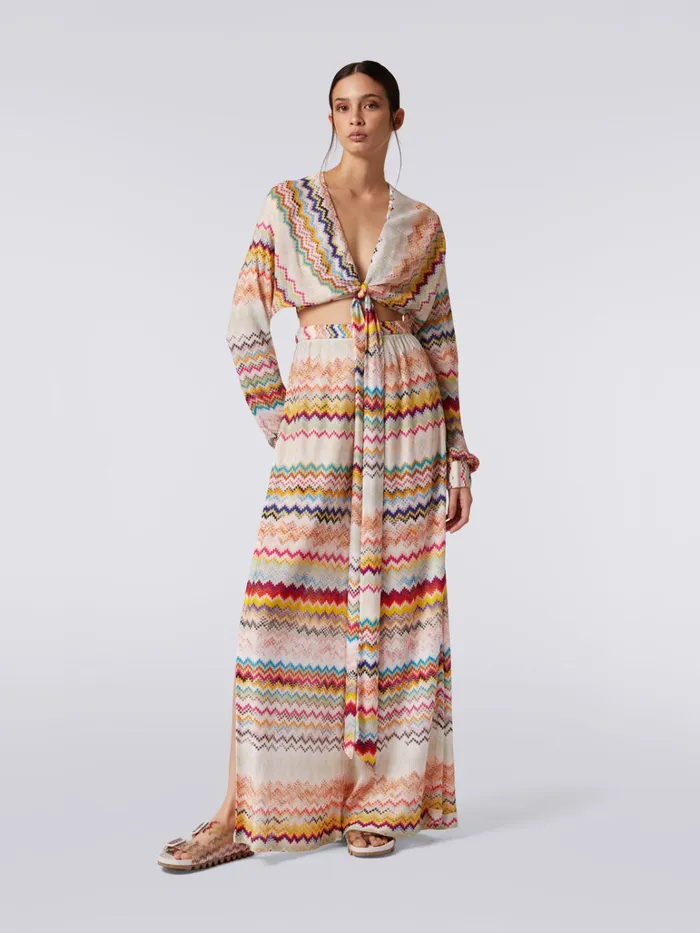 Women 3d Effect Viscose Trousers With Sash Waistband Multicoloured Missoni Beachwear