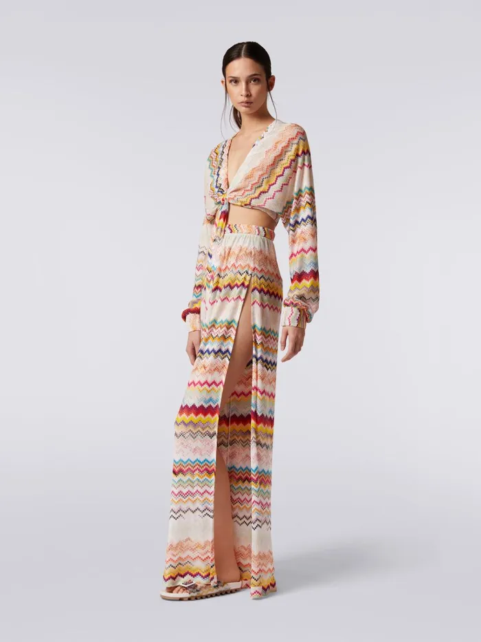 Women 3d Effect Viscose Trousers With Sash Waistband Multicoloured Missoni Beachwear