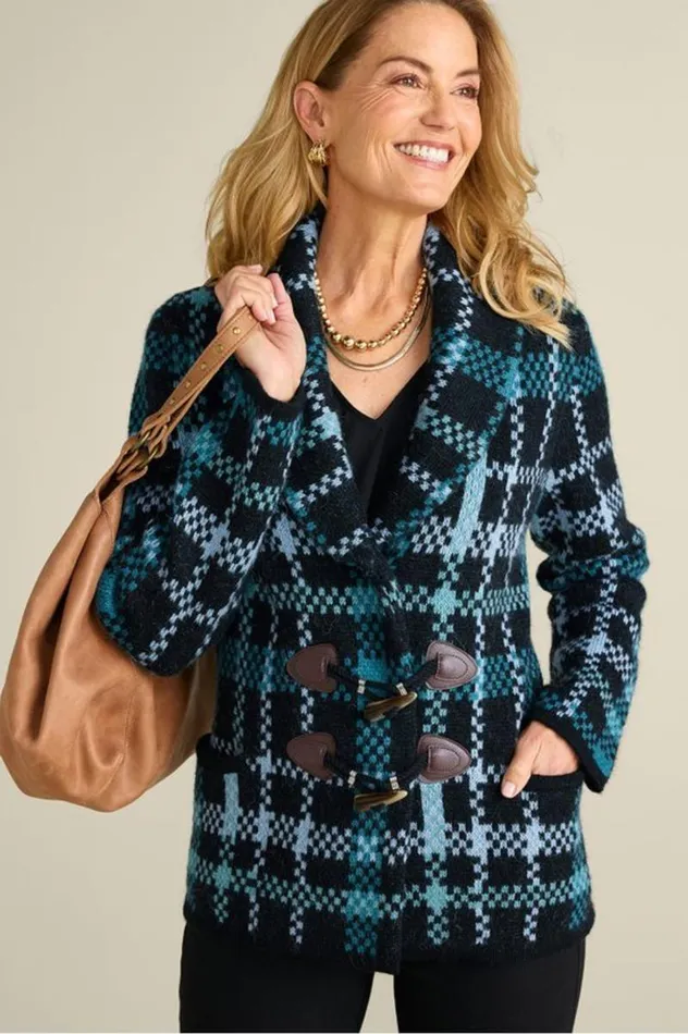 Women Alpine Plaid Sweater Coat Naturally Fall Plaid Soft Surroundings Tops