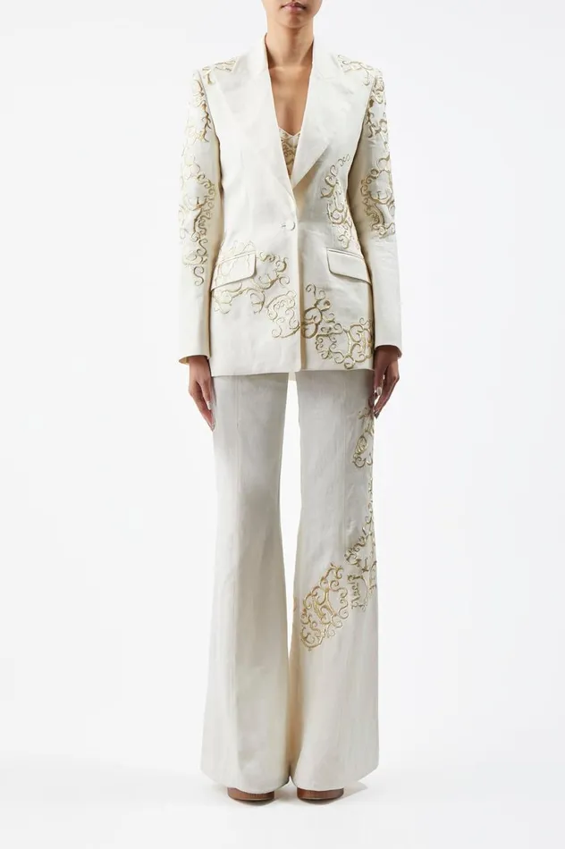 Women Blazers and Vests Gabriela Hearst Leiva Embroidered Blazer In Ivory Textured Linen