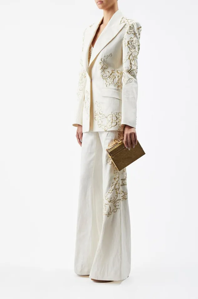 Women Blazers and Vests Gabriela Hearst Leiva Embroidered Blazer In Ivory Textured Linen