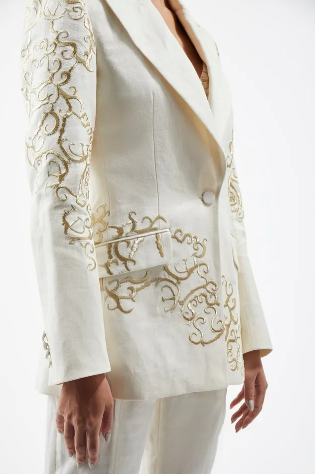 Women Blazers and Vests Gabriela Hearst Leiva Embroidered Blazer In Ivory Textured Linen