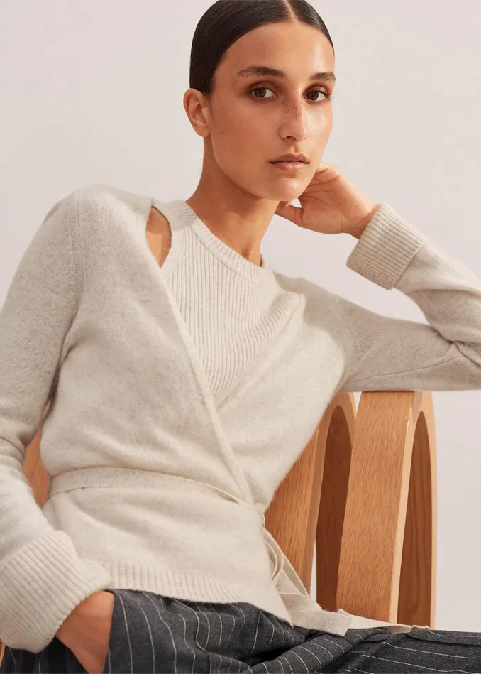 Women Cashmere Layered Wrap Top Cream Melange MEEM