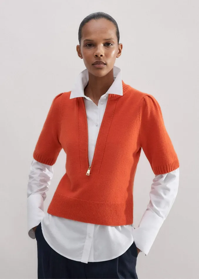 Women Cashmere Zip Neck Pouf Sleeve Tee Orange Spice MEEM