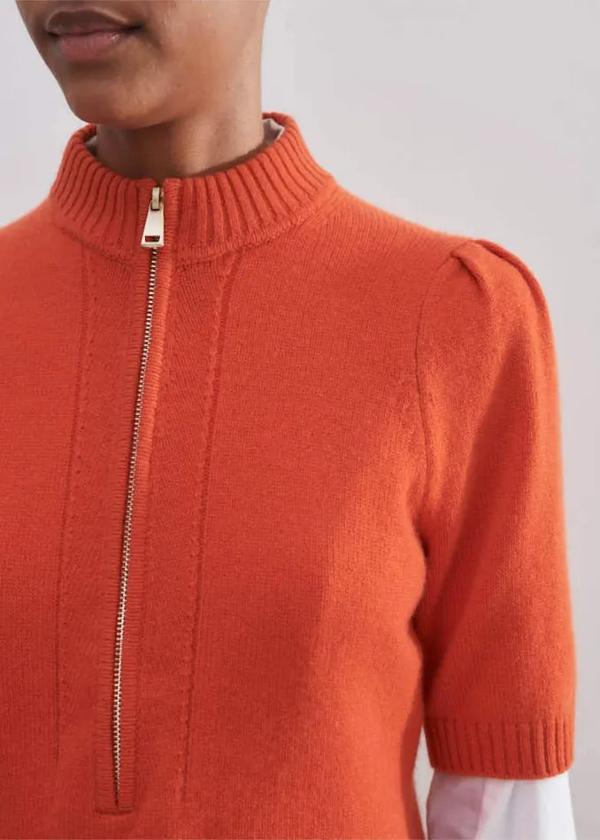 Women Cashmere Zip Neck Pouf Sleeve Tee Orange Spice MEEM
