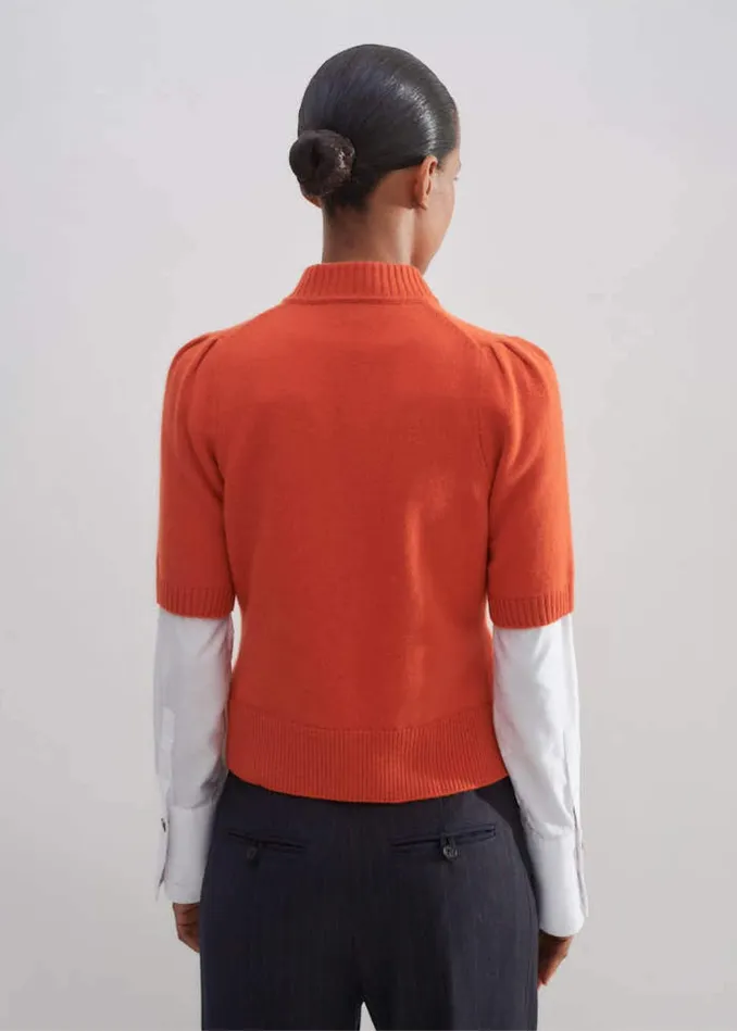 Women Cashmere Zip Neck Pouf Sleeve Tee Orange Spice MEEM