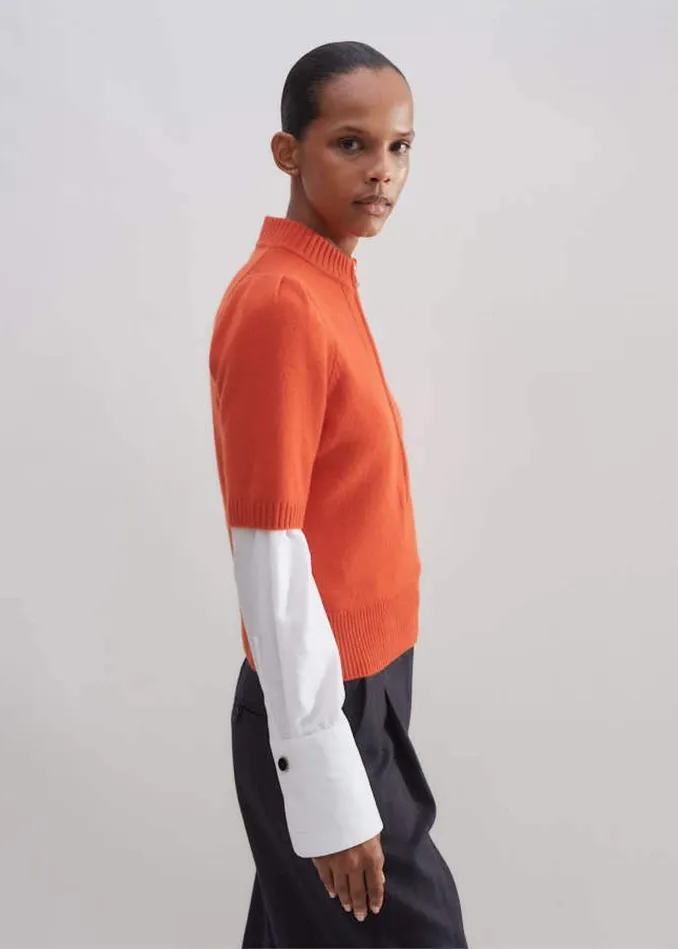 Women Cashmere Zip Neck Pouf Sleeve Tee Orange Spice MEEM