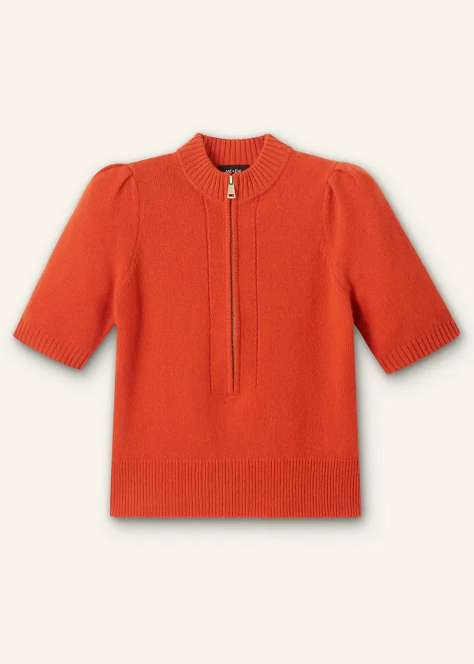 Women Cashmere Zip Neck Pouf Sleeve Tee Orange Spice MEEM