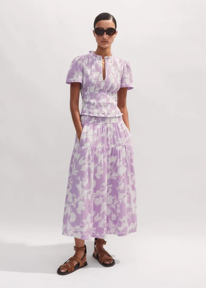 Women Cheesecloth Tulip Print Midi Skirt Soft Whitesherbet Lilac MEEM