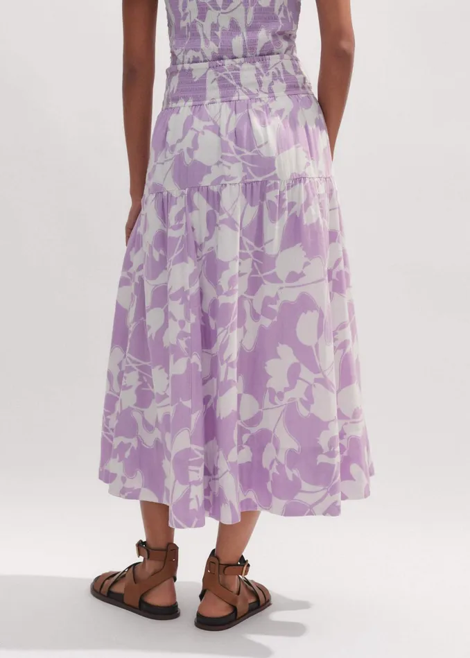 Women Cheesecloth Tulip Print Midi Skirt Soft Whitesherbet Lilac MEEM