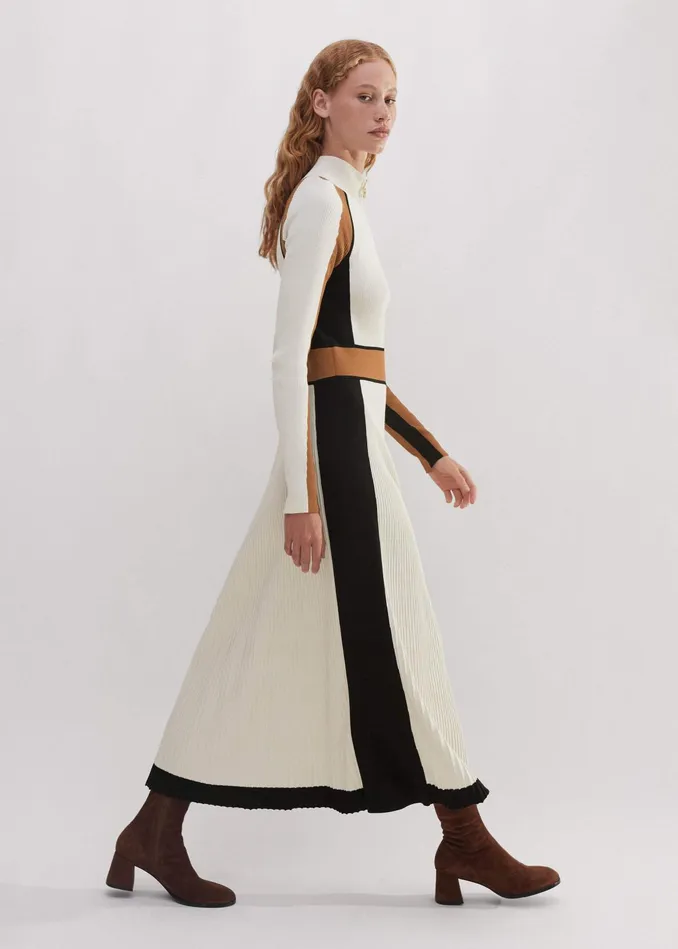 Women Contrast Panel Fit And Flare Maxi Dress Neutral Multi MEEM