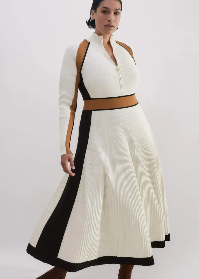 Women Contrast Panel Fit And Flare Maxi Dress Neutral Multi MEEM