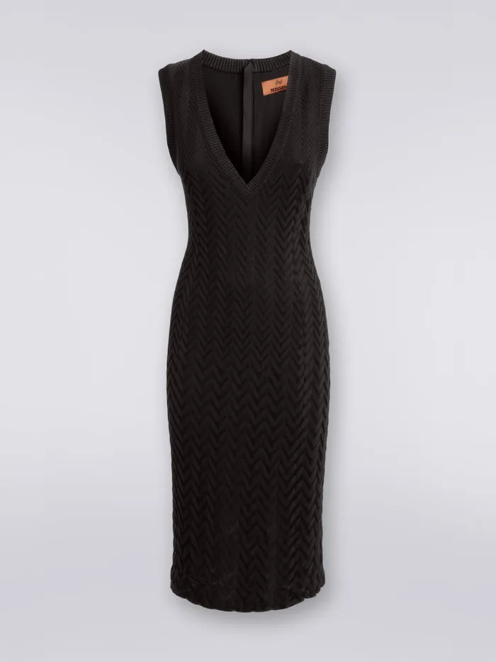 Women Cotton And Viscose Chevron VNeckline Midi Dress Black Missoni Dresses