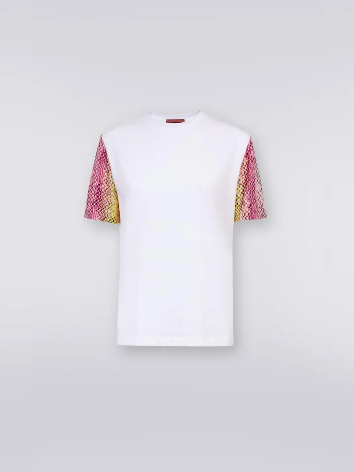 Women Cotton CrewNeck TShirt With Knitted Inserts White Missoni Tshirts And Tops